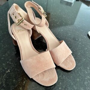 J Crew Suede Pink Frosted Taupe Wide Strap Block Heel Penny Sandal Size 8
